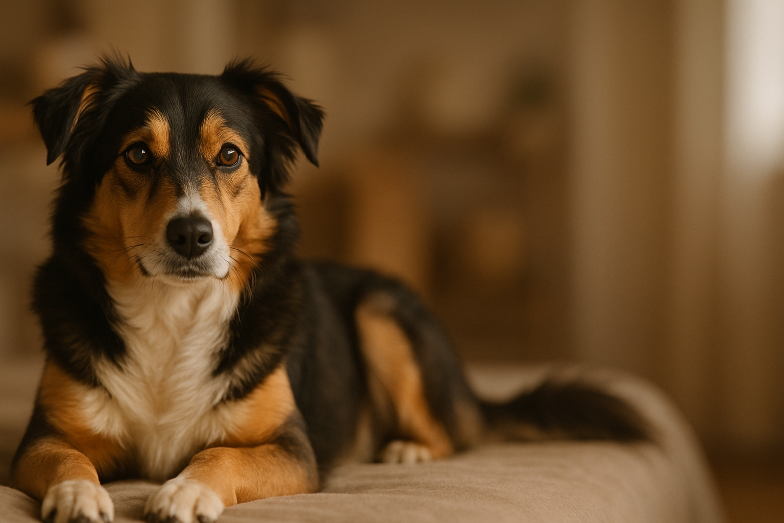 A cozy, high-quality product banner featuring a dog lying or sitting on the left side of the frame. The front of the dog (head and upper body) is in sharp focus, while the back half, including the tail, softly fades into the background blur.
The lighting should be warm and natural, with soft shadows and a neutral indoor background similar to a home setting.
Use a shallow depth of field so that the fade looks natural and cinematic — just like a product photo where the background gradually blurs out.